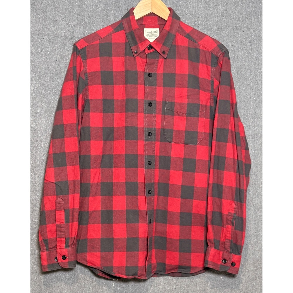 LL Bean Mens Red Black Buffalo Plaid Flannel Shirt Traditional Fit Small